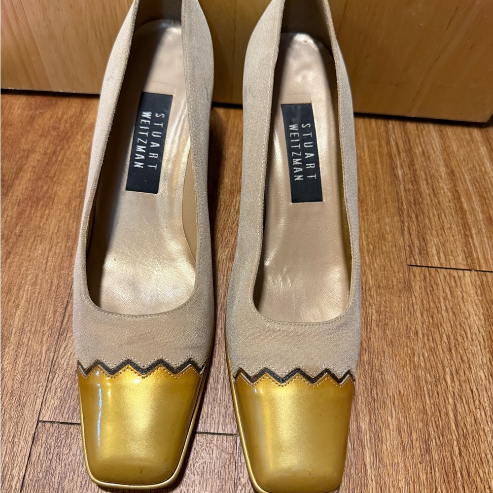 Stuart Weitzman Gold and Beige Heels